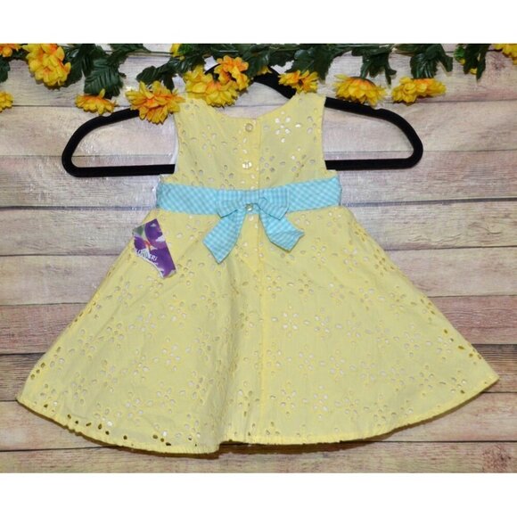 NWT Blueberi Boulevard Girls 12M Yellow Eyelet Lace Dress Plaid Belt with Daisy - Picture 8 of 12